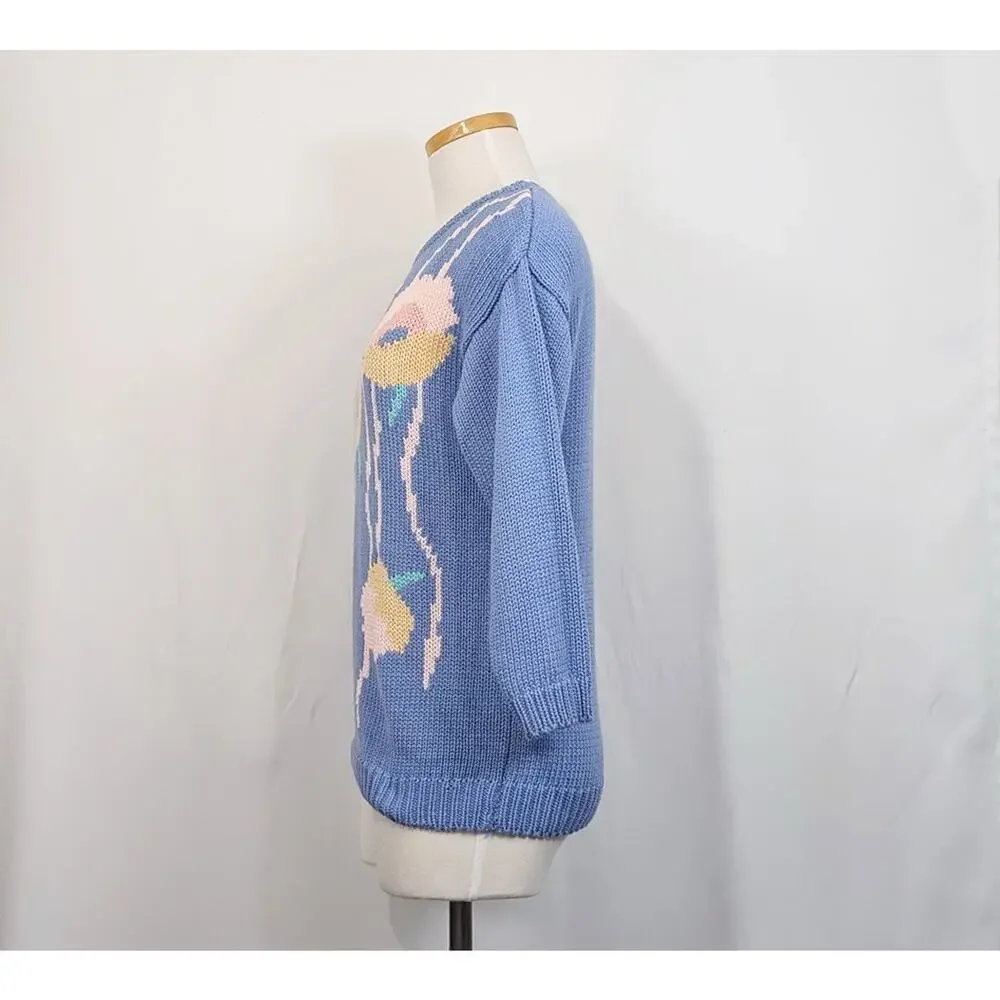 Vintage 80s Sweater Periwinkle Blue Floral Knit Hand Loomed Women's Size S - Picture 4 of 7